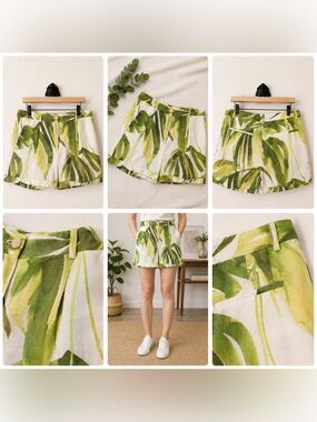 Massimo Dutti White and Green Leaf-Print High-Waist Shorts